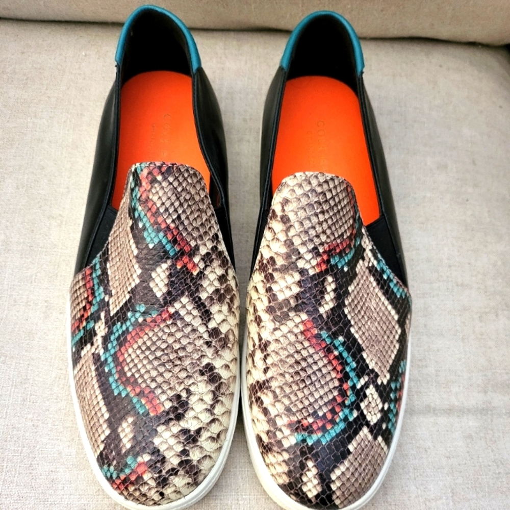Brand New Cole Haan size 9 snake skin slip-on loafers with beautiful colors.